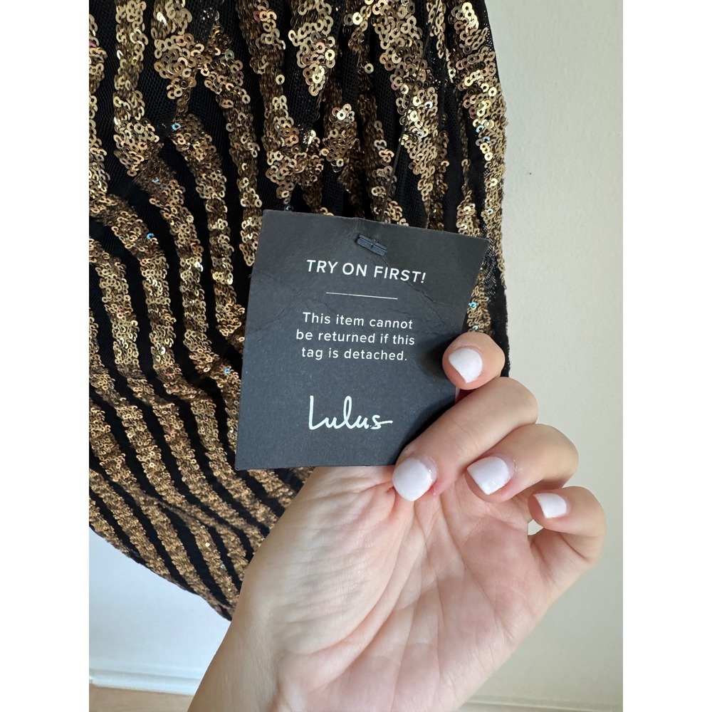 Lulus Gold Black Sequin One Shoulder Midi Dress Stripe Long Sleeve M NEW - Picture 6 of 16